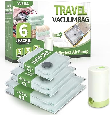 6 Packs Vacuum Bags for Travel with Rechargeable air Pump, 3 Sizes Vacuum Seal Bags for Clothing, Space-Saving Compression Storage Bags for Travel & Closet Organization