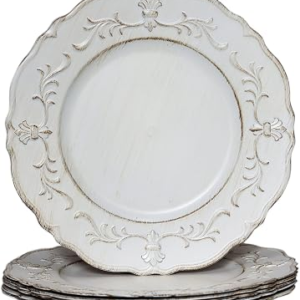 Spsyrine White Antique Charger Plate, 13″ Embossed Plastic Table Plate Chargers for Dinner, Set of 6 Elegant Decorations for Wedding, Dining, Party Events.