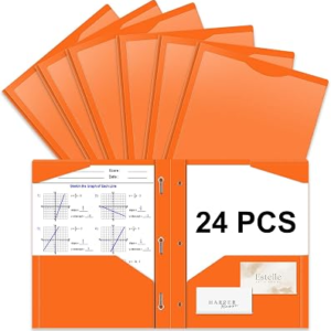 Briartw Heavy Duty Plastic Pocket Folder with Prongs for Letter Size Paper – 24 Pack Orange File Folder with Clear Front Pocket – 2 Pockets and 3 Prongs,As Well As 2 Card Slots – Pocket Folders