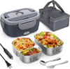 Vabaso Electric Lunch Box for Adults, 80W Heated Lunch Box with Dual 1.5L Stainless Steel Containers, Portable Food Warmer for Men Work Car Truck, 12V/24V/110V/220V – Eternal Gray