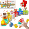 Montessori Train Toys for 2 3 4 Year Olds – Toddler Learning Train Set with Lights & Sounds, 6 Vehicle Transport, Lock & Key Activity, Farm Animal Finger Puppets, Easter Birthday Gift for Boys Girls