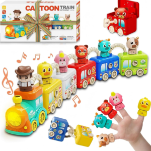 Montessori Train Toys for 2 3 4 Year Olds – Toddler Learning Train Set with Lights & Sounds, 6 Vehicle Transport, Lock & Key Activity, Farm Animal Finger Puppets, Easter Birthday Gift for Boys Girls