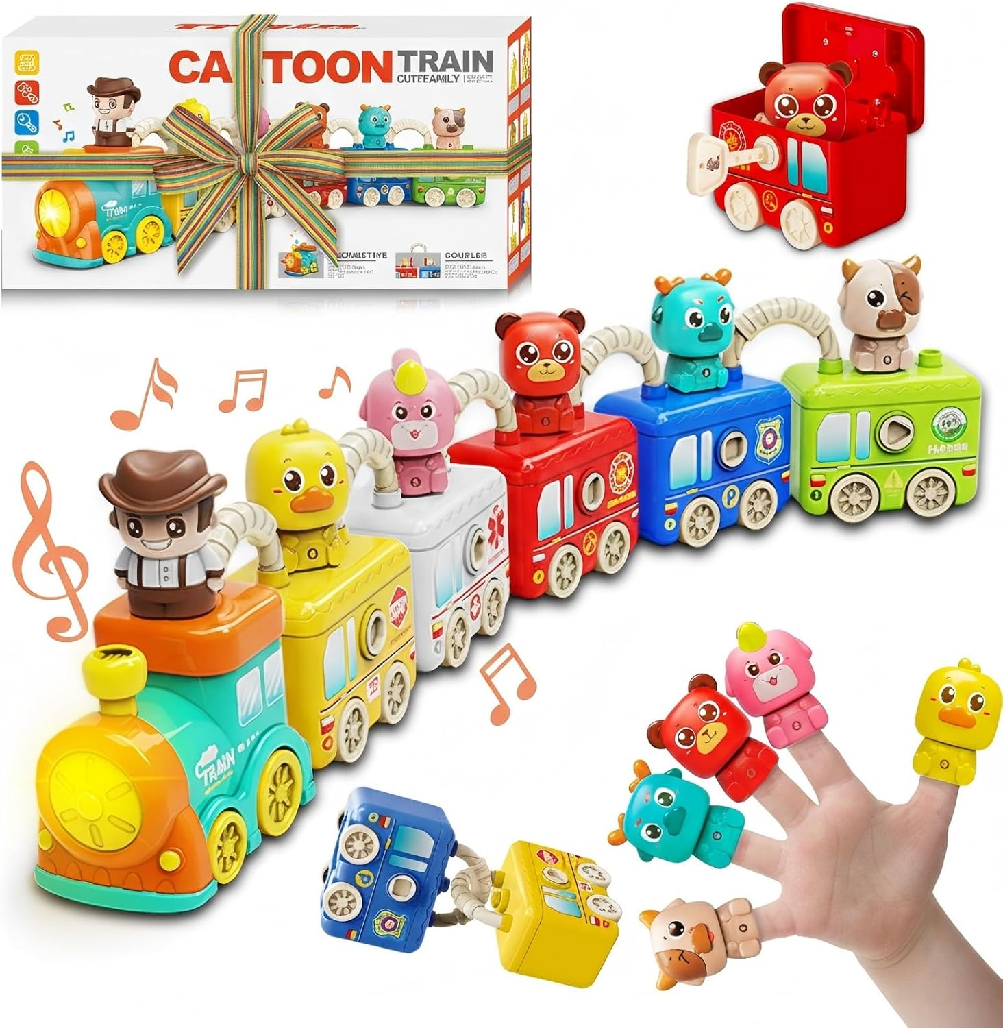Montessori Train Toys for 2 3 4 Year Olds - Toddler Learning Train Set with Lights & Sounds, 6 Vehicle Transport, Lock & Key Activity, Farm Animal Finger Puppets, Easter Birthday Gift for Boys Girls