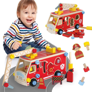 LOVELAND Wooden Fire Truck Toy, Take Apart STEM Building Set with Kid-Safe Screwdriver & 6 Shape Sorter Tools, DIY Montessori Construction Vehicle, Pretend Play Educational Gift for Boys Girls Ages 3+