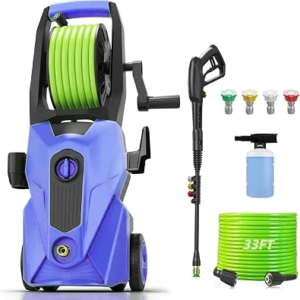 Pressure Washer 5000PSI High Power Washer with 33ft Pressure Hose Reel, 4 Nozzles and Foam Cannon, for Home, Cars, Fences, Patio (Light Blue)