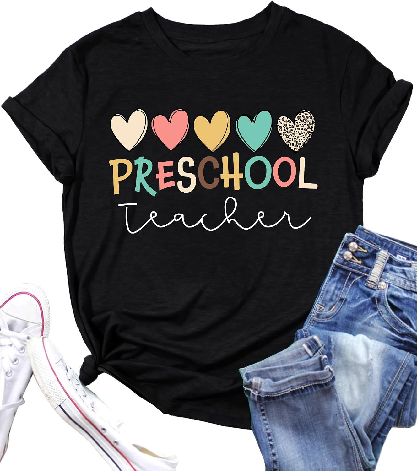 Preschool Teacher Shirts: Women Kindergarten Teachers T-Shirt Teacher Graphic Tees Tops Teacher Life Shirt(Black, Small)