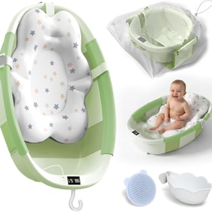 Collapsible Baby Bathtub – Large Baby Bath Tub with Thermometer | Bath Essential Bañera para Bebe Easy Fold Baby Tub | Travel Infant Newborn Toddler Bathtub for Baby Girl Boy 0 to 36 Months(Green)
