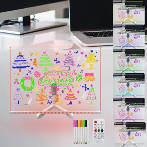 Laysinly LED Note Board with Colors,15.74″ x 11.81″ 7 Colors 4 Mode Dimming Remote Control Acrylic Dry Erase Drawing Boards Light up Stand,Hanging Chain 7 Color Marker,for Menu Memo Tracking