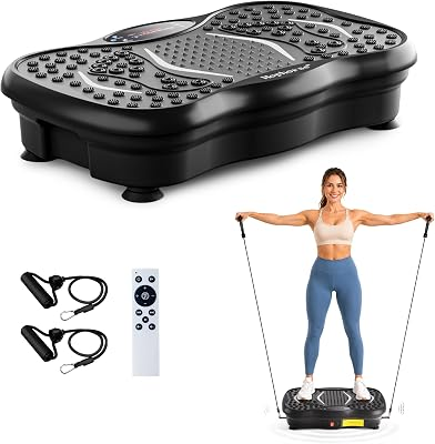 Vibration Plate Exercise Machine, Curved Vibrating Plate for Lymphatic Drainage Weight Loss, 460 Lbs Capacity Stand Shake Board Sport with Resistance Bands and Bluetooth for Home Women Men