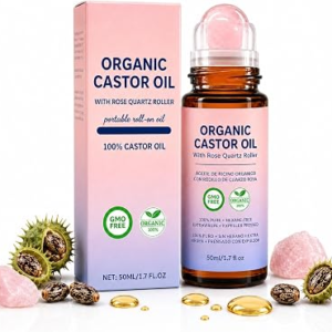 Organic Castor Oil Roll On with Rose Quartz Roller, 100% Pure Cold Pressed Hexane Free, 1.7 fl oz / 50 mL Portable Serum for Eyelashes, Eyebrows, Hair, Scalp, Skin, Nails, Cuticles, Travel Applicator
