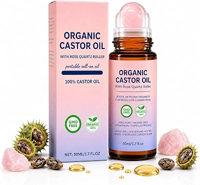 Organic Castor Oil Roll On with Rose Quartz Roller, 100% Pure Cold Pressed Hexane Free, 1.7 fl oz / 50 mL Portable Serum for Eyelashes, Eyebrows, Hair, Scalp, Skin, Nails, Cuticles, Travel Applicator