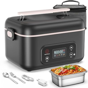 Cordless Electric Lunch Box, 24000mAh Rechargeable Food Warmer with 5-Sided Heating, 1.3L Portable Self Heating Lunch Box with Smart Timer & Lock Screen for Work, Car, Truck, Camping