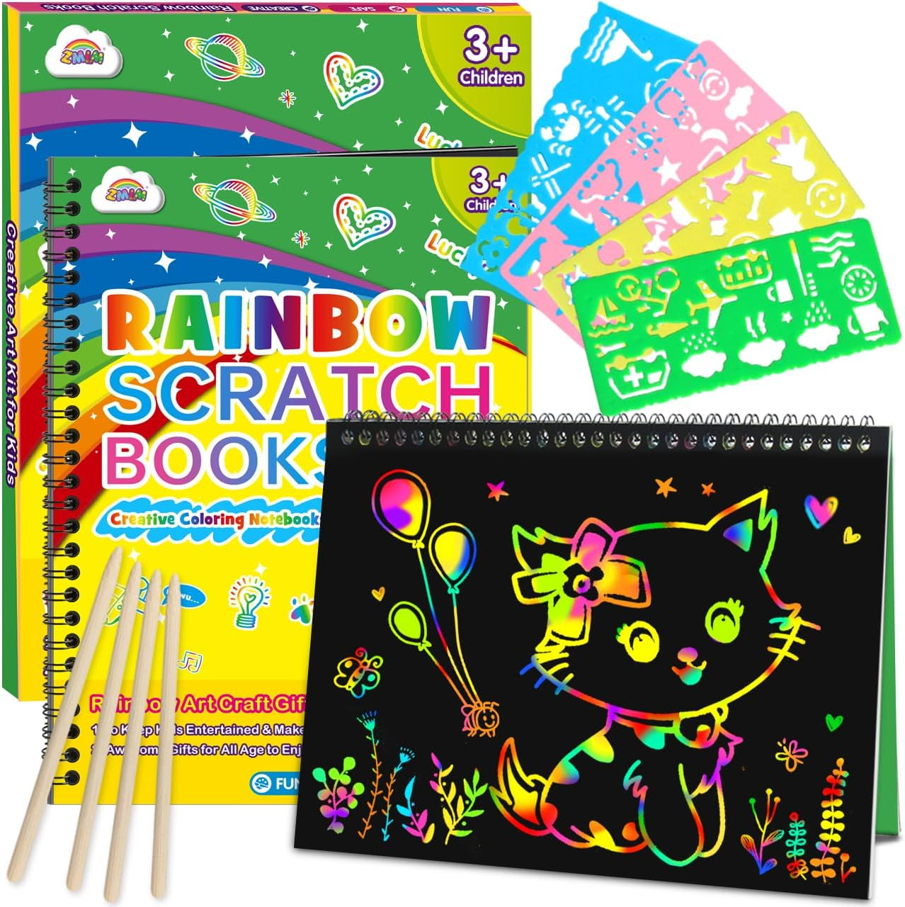 ZMLM Scratch Paper Art Craft: 2 Pack Rainbow Scratch Notebooks Crafts for Kids Ages 4-8 Year Old Girl Birthday Gift Games for Kids Arts Kits School Party Toys Activity