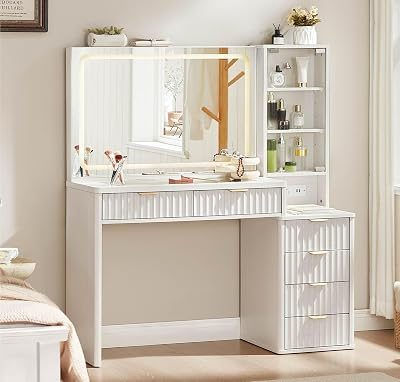 LEYAOYAO Fluted Makeup Vanity Desk with Mirror and Lights, 43.5'' Blue Vanity Table with Glass Top and Power Outlet, Make Up Vanity with 6 Drawers and Adjustable Shelves for Bedroom