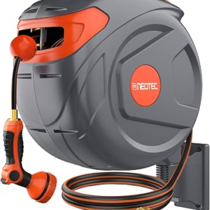 NEO-TEC 100FT Retractable Garden Hose Reel, 1/2″ Heavy Duty Wall Mount with Slow Return, Any-Length Lock & 180° Swivel, 3-Layer PVC, 9-Pattern Nozzle & Brass Fittings