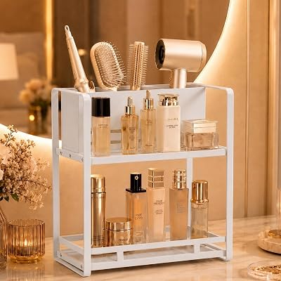 SanDream Hair Tool Organizer Bathroom Countertop, 2-Tier Metal Bathroom Organizer with Blow Dryer Holder, Large Capacity Space-Saving Vanity Shelf for Perfume, Skincare & Makeup Storage (White)