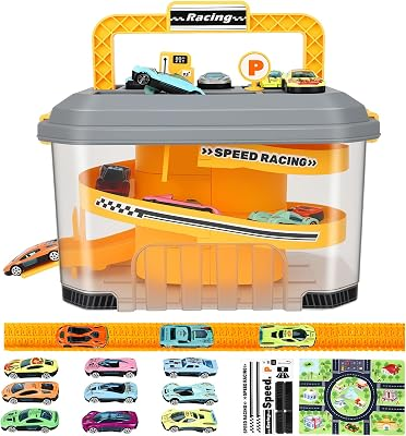 Toy Car Track Storage Playset - Toddler Toys for Ages 3-4, Car Track Set Including 12 Diecast Cars, PlayMat, Race Tracks, Car Ramp, Kids Birthday Gift for 3 4 5 6 Year Old Boys