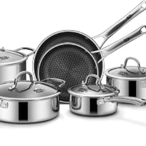 SNOWCLAD Pots and Pans Set Non Stick, 10 Pcs Hybrid Stainless Steel Cookware Sets, Non Stick Frying Pans, Saucepans, Saute Pan & Stock Pot, PFOA Free Kitchen Skillet,Induction Comp