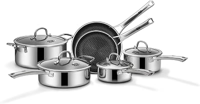 SNOWCLAD Pots and Pans Set Non Stick, 10 Pcs Hybrid Stainless Steel Cookware Sets, Non Stick Frying Pans, Saucepans, Saute Pan & Stock Pot, PFOA Free Kitchen Skillet,Induction Comp