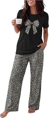 Ekouaer Womens Pajamas Sets 2 Piece Short Sleeve Lounge Set Printed Loose Pants Round Neck Pj Sets Loungewear Black Leopard Small