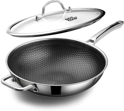 DOTCLAD Wok pan,Hybrid 12 inch Wok with Lid, PFOA Free Cookware,non stick Stainless Steel Woks & Stir-fry pans Nonstick, Dishwasher and Oven Safe, Works on Induction