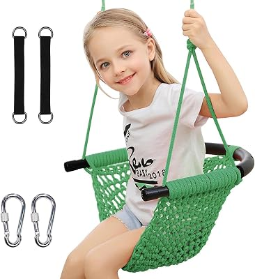 Hand-Knitting Toddler Swing, Swing Seat for Kids with Adjustable Ropes, Little tikes Swings Set, for Outdoor Indoor, Playground, Backyard (Green)