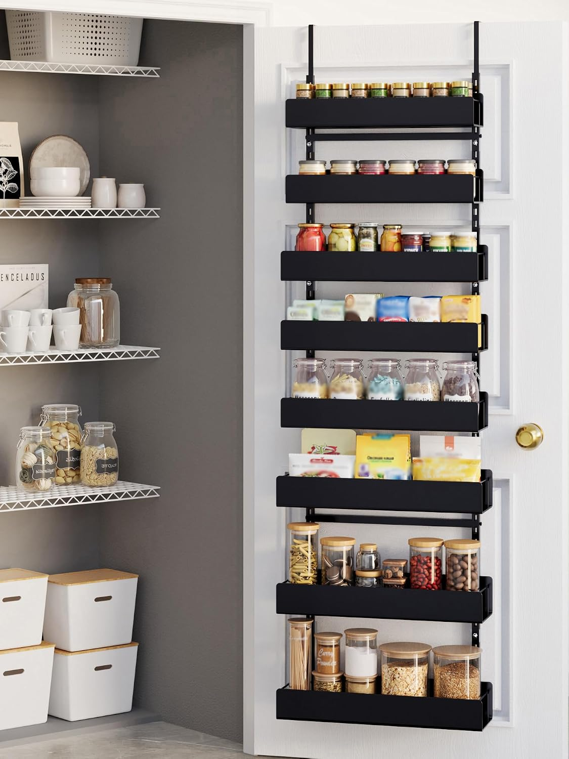 NQW 8-Tier Over Door Organizer, Sturdy Slim Hanging Spice Rack for Cabinet & Pantry, Black