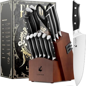 Knife Set with Block – Kitchen Knife Set German High-Carbon Stainless Steel with Built-in Sharpener – Full Tang, Triple-Rivet Ergonomic Handle – Holiday Gift Idea – 15-Piece, Falcon Series.