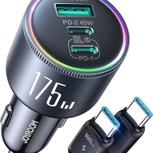 JOYROOM 175W Super Fast Car Charger [GaN] 3-Port Car Charger USB C Fast Charge with USB-C Cable, Car Cigarette Lighter USB Charger for iPhone 17/16/15, Samsung S26/25, Pixel 10, MacBook, iPad and More