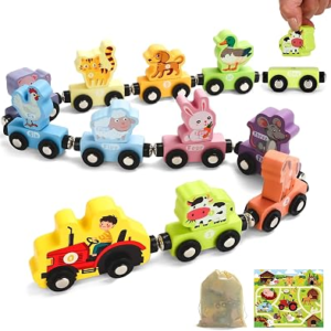 TenFans Montessori Wooden Magnetic Animal Train Set for Toddlers | 11 Pieces Educational Preschool STEM Learning Toy, Fine Motor Skills Development Train Toy, Birthday Gift for Boys and Girls