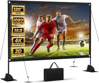 120inch Projector Screen with Stand: Portable Projector Screen Outdoor Indoor Front/Rear16:9 4K HD with Carry Bag Sandbag- Movie Screen for Backyard Moive Night, Camping, Theater