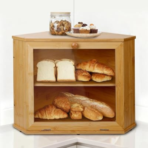 Bamboo Corner Bread Box for Kitchen Countertop – Double Layer Bread Storage with Clear Acrylic Window, Wooden Bread Keeper Organizer for Homemade Bread, Under Cabinet Mount, Fits Countertop & Pantry