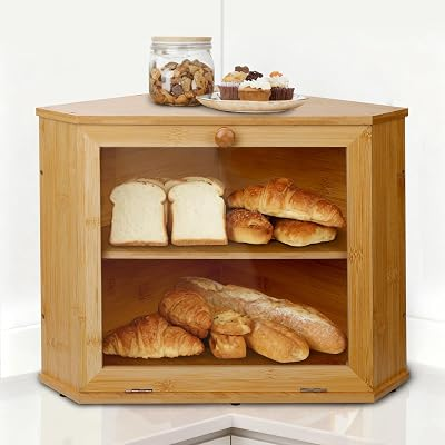 Bamboo Corner Bread Box for Kitchen Countertop - Double Layer Bread Storage with Clear Acrylic Window, Wooden Bread Keeper Organizer for Homemade Bread, Under Cabinet Mount, Fits Countertop & Pantry