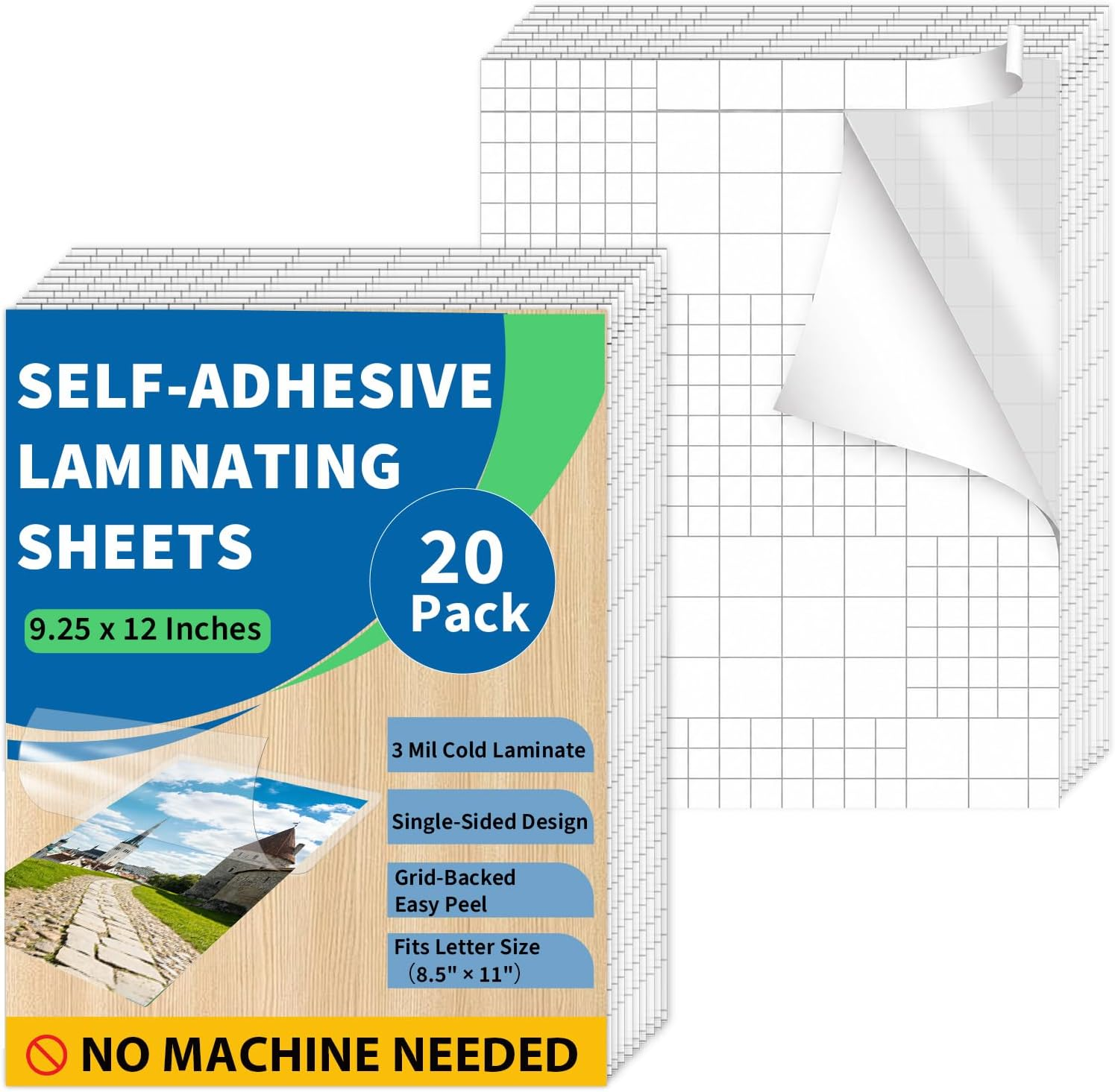 Binditek 20 Pack Self-Adhesive Laminating Sheets, 9.25 x 12 Inches for Letter Size, Easy Peel Backing with Grid Lines, 3 Mil Thick, No Heat or Machine Needed, Clear Glossy Finish