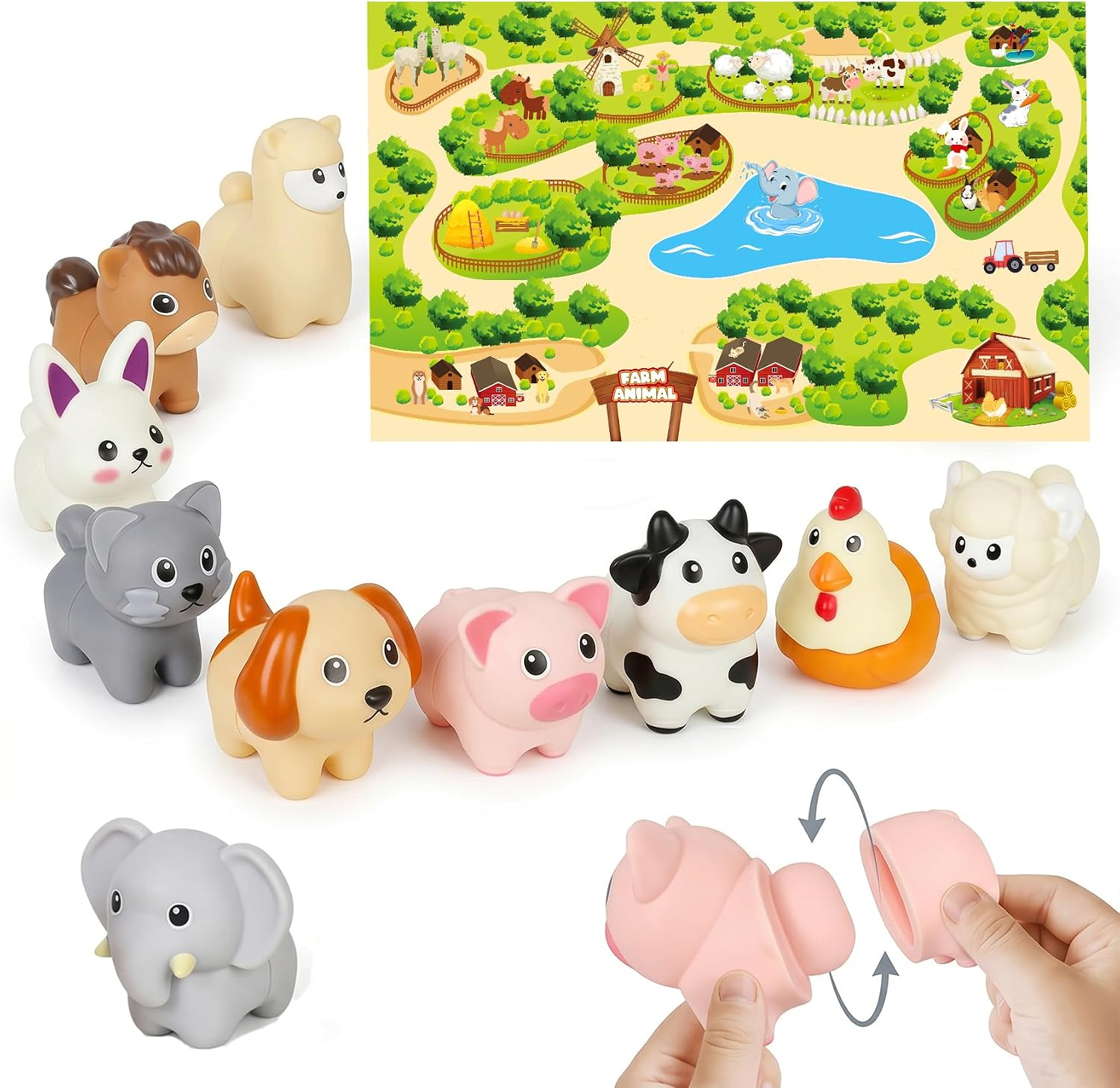 CZTCDP 10Pcs Farm Animal Toys with Activity Map, Montessori Fine Motor Sorting Games for Toddlers 1-3, Educational Sensory Animal Figures Gift for 1 Year Old Boy Girl