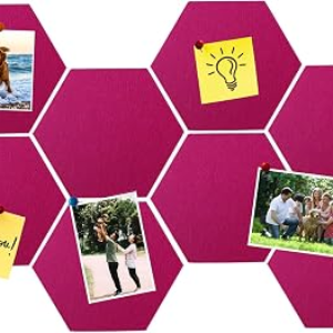 8 Pcs Hexagon Felt Cork Bulletin Board Tiles, Self Adhesive DIY Bulletin Board Pin Board for Office School Home Wall Decor Memos Photos Display(Rose Red)