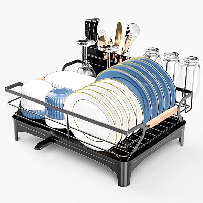 Dish Drying Rack,Space Saving Dish Drainer for Kitchen Counter & Sink,Black | Rustproof,Riser Feet,Wooden Handle,Cup Holder & Knife Slots,Expandable Spout,Auto-Drainage System,Sink Storage Organizer