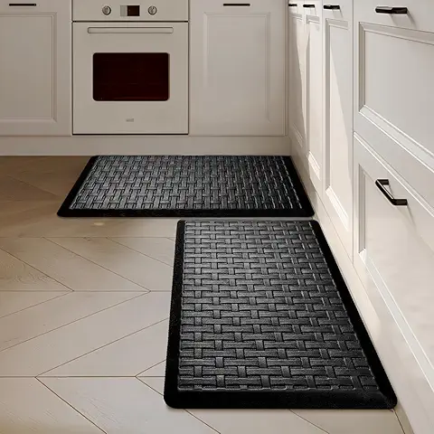 UKISS 2PCS Kitchen Rugs, Cushioned Anti Fatigue Kitchen Mats for Floor, Waterproof Kitchen Rug,Non-Slip Comfort Standing Mat for Kitchen (Black, 17.3"x28"+17.3"x28")
