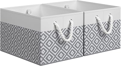 StorageTastic Storage Bins, 2-Pack Large Storage Box with Rope Handles, Collapsible Storage Basket for Organizing Books, Clothes, Rhombic Grey
