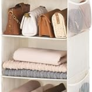 StorageWorks Hanging Closet Organizer, 5-Shelf Hanging Shelves with 2 Hooks, Foldable Space-Saving Design, Closet Organizers and Storage for Bedroom, Dorm, Locker, White & Ivory