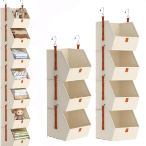 Beolisave 7 Tier Hanging Closet Organizer, Collapsible Fabric Hanging Shelves for Closet with Detachable Bins Space-Saving Hanging Clothes Organizer for Wardrobe, Laundry Room, Dorm, Rv, Beige