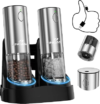 Electric Salt and Pepper Grinder Set with External Coarseness Adjustment, 95ml Large Capacity Automatic Pepper Mill, USB-C Charging Base with LED Light, Stainless Steel Spice Grinder, 2-Piece Set