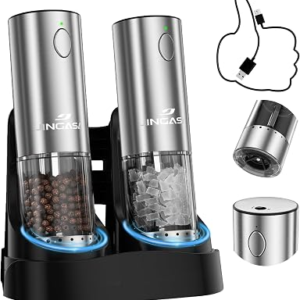 Electric Salt and Pepper Grinder Set with External Coarseness Adjustment, 95ml Large Capacity Automatic Pepper Mill, USB-C Charging Base with LED Light, Stainless Steel Spice Grinder, 2-Piece Set