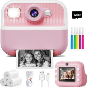 Instant Camera, Front Rear Dual Selfie Kids Camera with 1080P Videos, Holiday Birthday Gifts for Kids Age 3-12, Toddler Portable Travel Print Digital Camera Toy for 4 5 6 7 8 9 Year Boys Girls