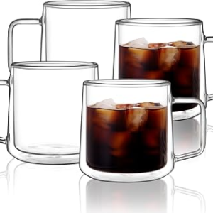 CNGLASS 15oz(4-pack) Double Walled Glass Coffee Mugs,Large Insulated Glass Mugs with Handle,Clear Coffee Cups for Espresso,Latte,Cappuccino,Tea