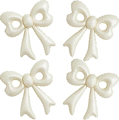 4 Pcs Cream Bow Balloons, 31”Huge Beige Bow Aluminum Foil Balloons for Birthday, Baby Shower, Wedding, Bridal, Engagement, Bachelorette, Gender Reveal, Princess Party Decorations Supplies