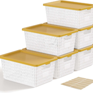 EOENVIVS Storage Bins Bakets with Lids 6 Pack, Stackable Organizer Bins for Small Spaces, Pantry, Closet & Bathroom, Secure Snap Lids, 11x7x5 Plastic Storage Containers for Shelf Organization, White