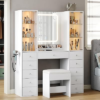Yanosaku Vanity Desk with Mirror and Lights, Glass Top Vanity with 11 Drawers & 2 RGB Glass Cabinet, Makeup Vanity Desk with Power Outlet, Adjustable Brightness, Dressing Table for Bedroom, White