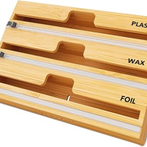 SpaceAid WrapNeat 3 in 1 Wrap Organizer with Cutter and Labels, Plastic Wrap, Aluminum Foil and Wax Bamboo Dispenser for Kitchen Storage Organization Holder for 12″ Roll (Natural)