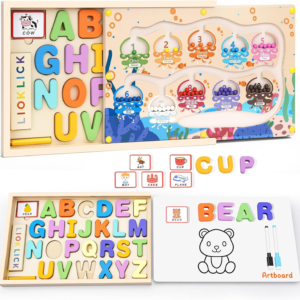 LIOKLICK 4-in-1 Magnetic Color and Number Maze Toys Box with Alphabet Puzzles Drawing Board, Wooden Storage Montessori Toy for 3-5 Year Old, Toddlers Educational Learning Toy Gifts for Kids Boys Girls